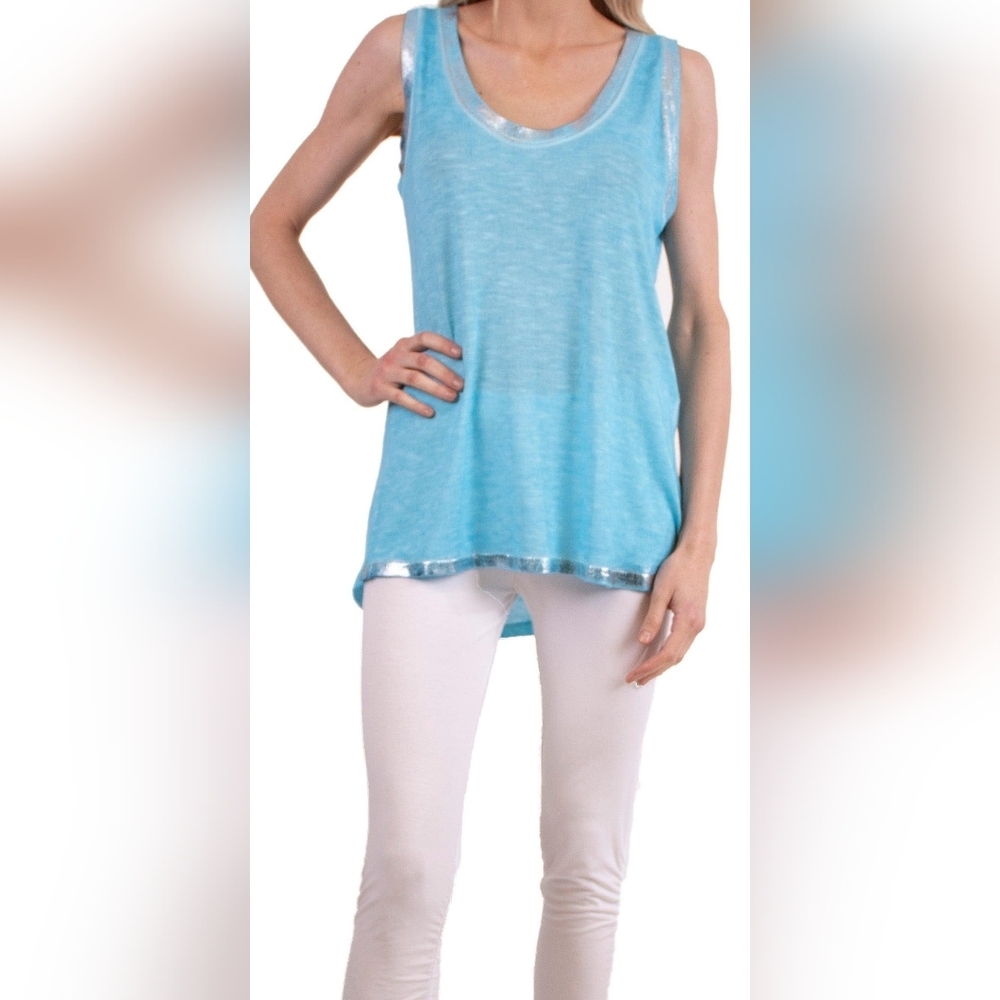 Gigi Moda Washed Knit Tank Silver Accent Stretch Rayon Knit Aqua Tank Top OS